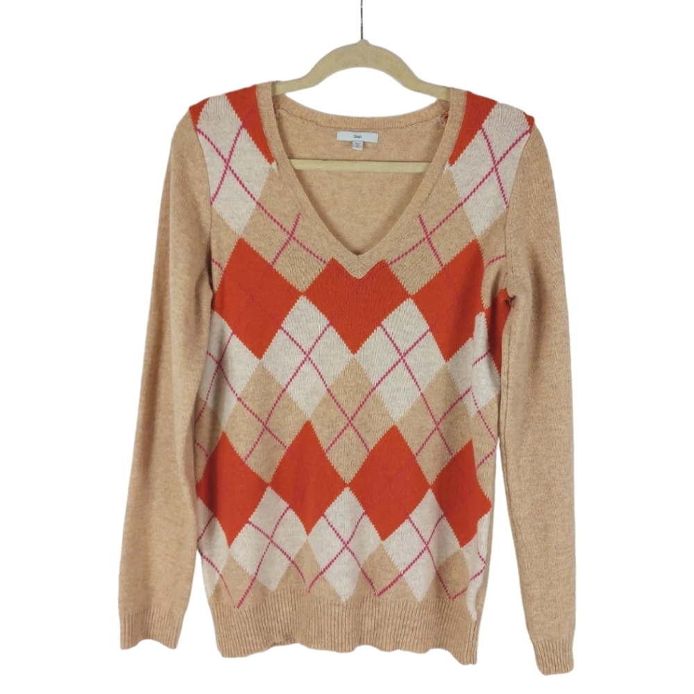 Gap Beige and Orange Argyle Lambs Wool Blend Preppy Style Sweater